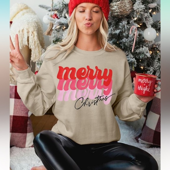 Women Merry Christmas Crewneck Sweatshirt Graphic Shirt Long Sleeve Xmas Size L - Picture 3 of 12